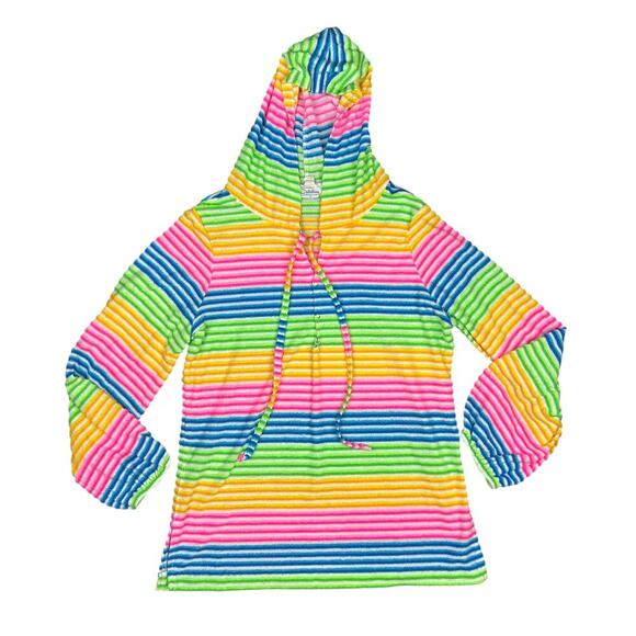 Vintage 70's Rainbow Striped Hoodie Terrycloth Beach Coverup Medium Catalina Top - Picture 2 of 9